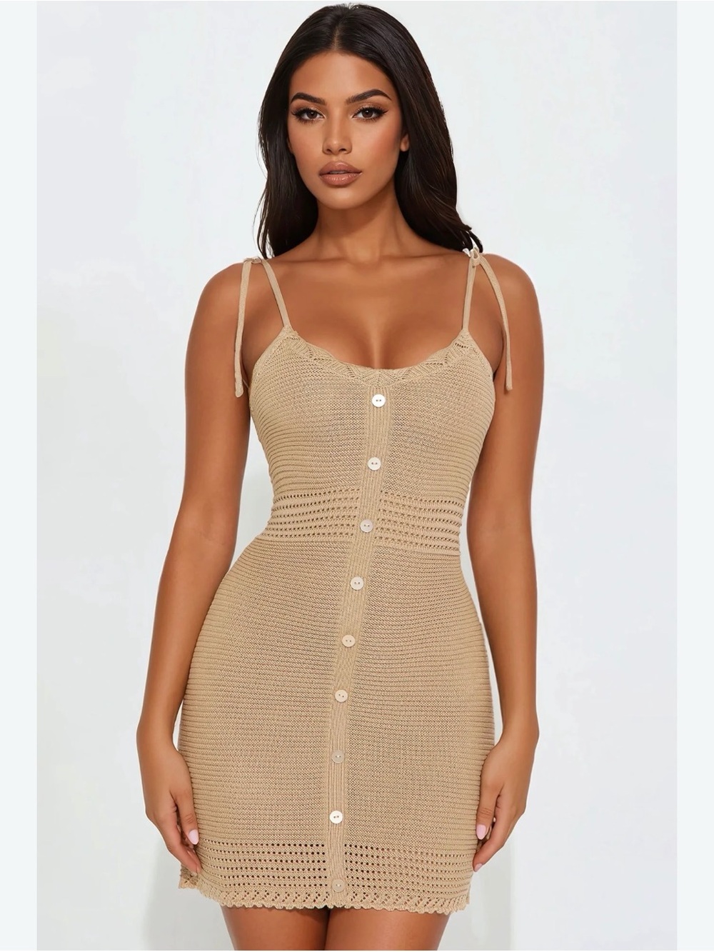 Tie-Shoulder Knit Mini Dress in Tan